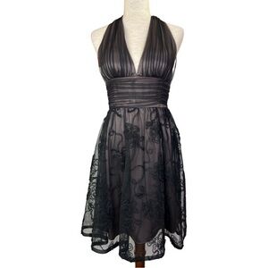 ADRIANNA PAPELL HALTER MIDI NETTED TULLE  BLACK DRESS SZ 6P